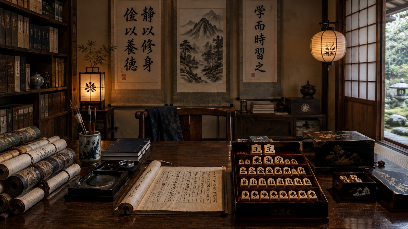 A scholar's study with shogi pieces and scrolls